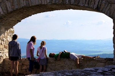Great views from Spies castle, one of the largest ruins in Europe. Charles is examining the structure of the arch.
